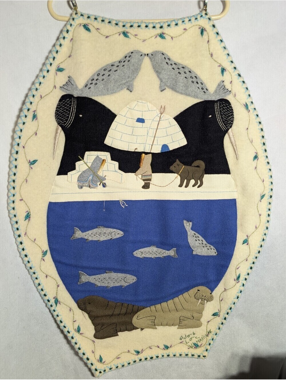 Vintage Signed Inuit Wall Hanging Wool Felt Art Veronica Manilak Nunavut 33x26"